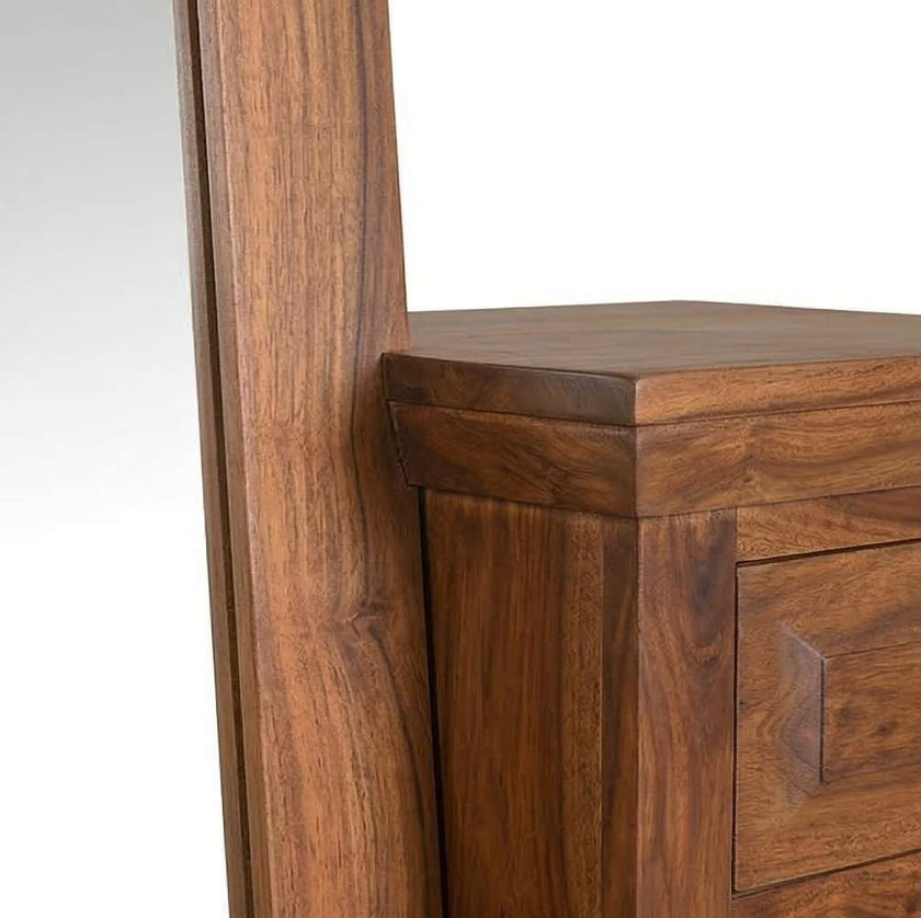Close-up of the full-length tiltable mirror on the solid wood dressing table