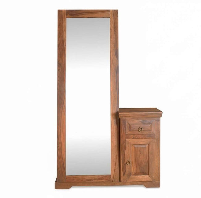 Front view of the solid wood dressing table with full-length tiltable mirror, drawer, and cabinet