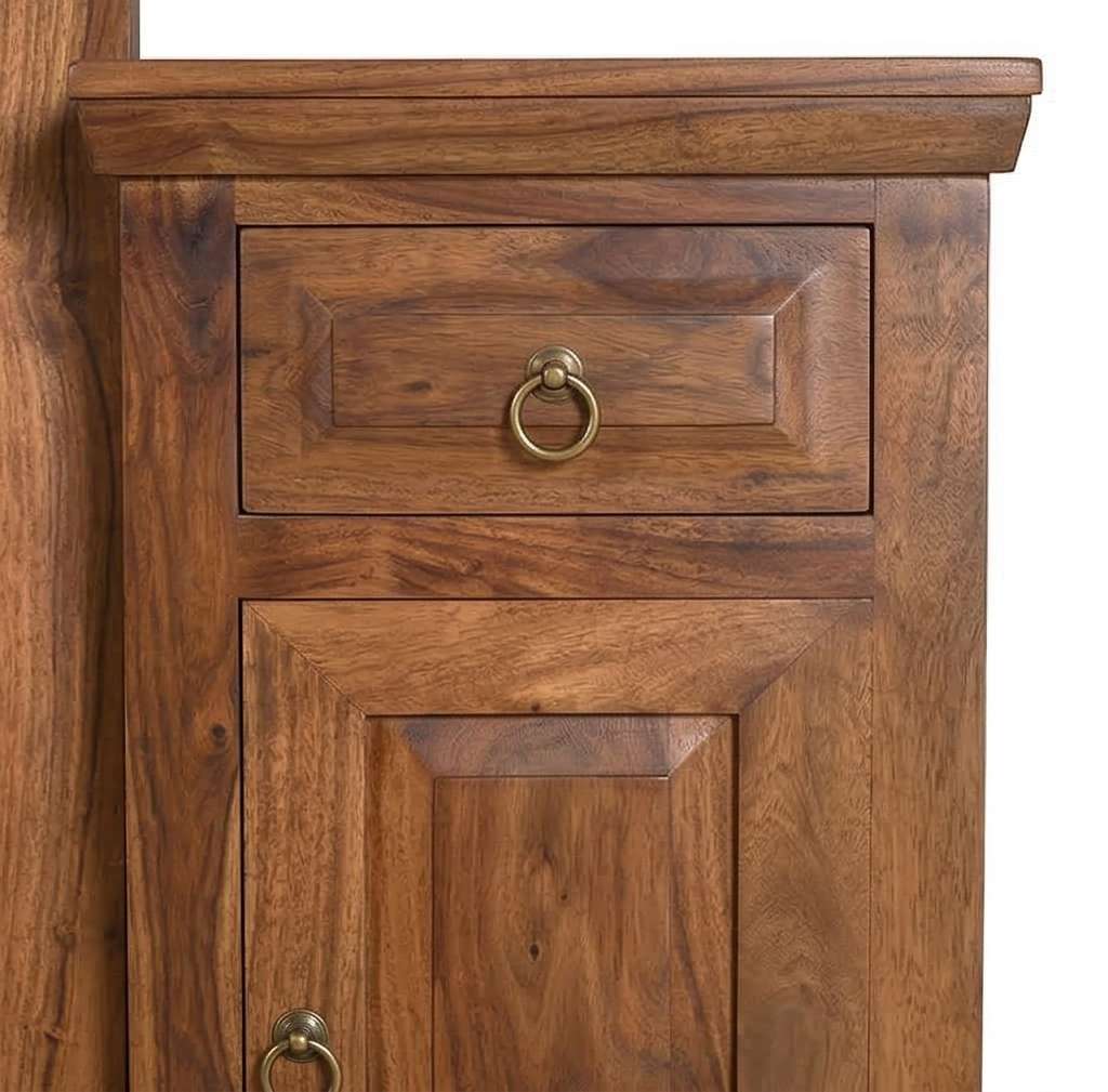 Close-up of the natural teak/walnut wood grain finish on the dressing table frame