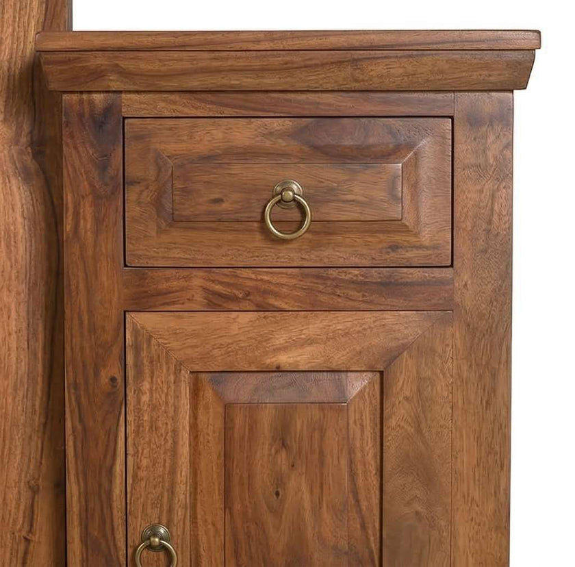 Close-up of the natural teak/walnut wood grain finish on the dressing table frame