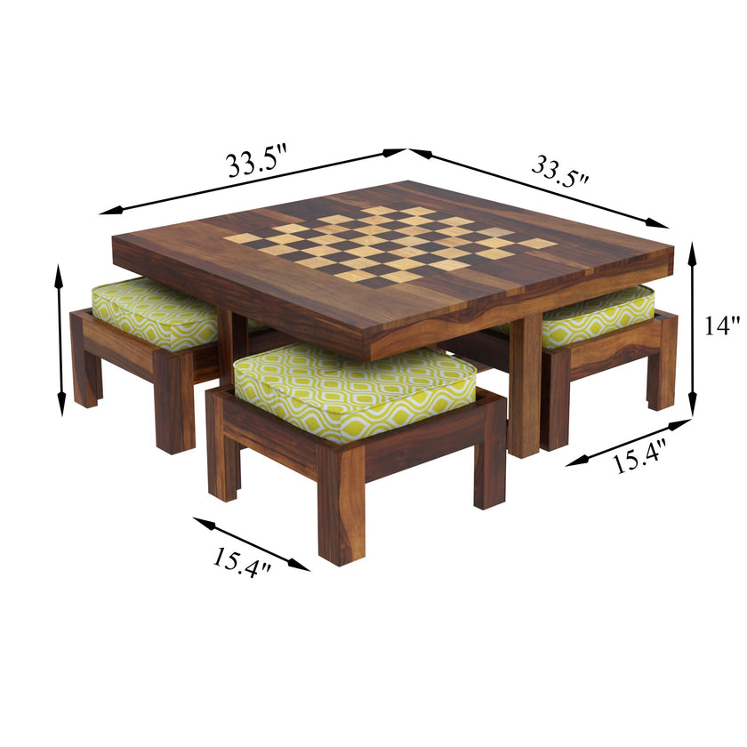 Khimsar Sheesham Square Chess Board Coffee Table with 4 Stools - Induscraft