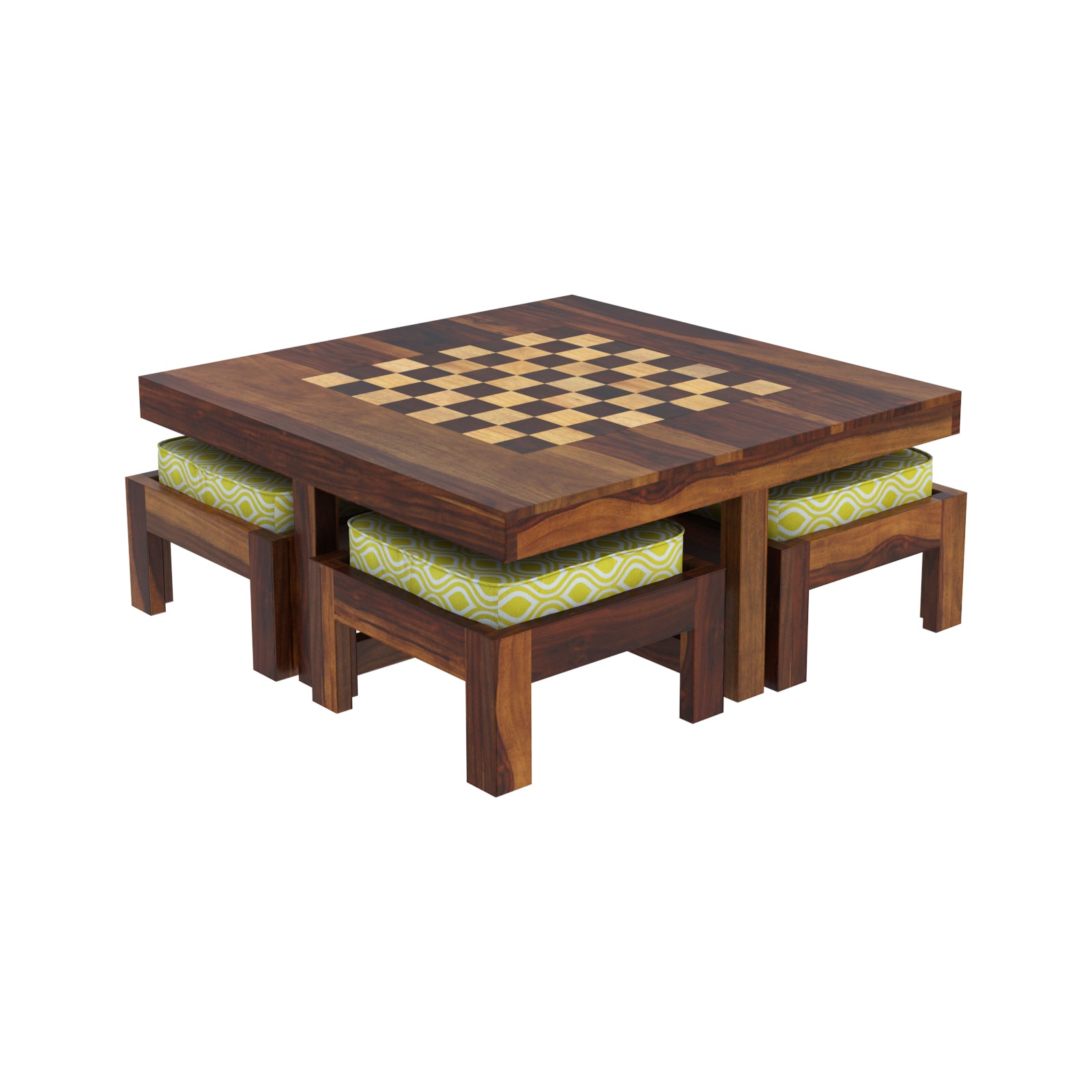 Wooden table with checkered surface and four cushioned stools on a white background