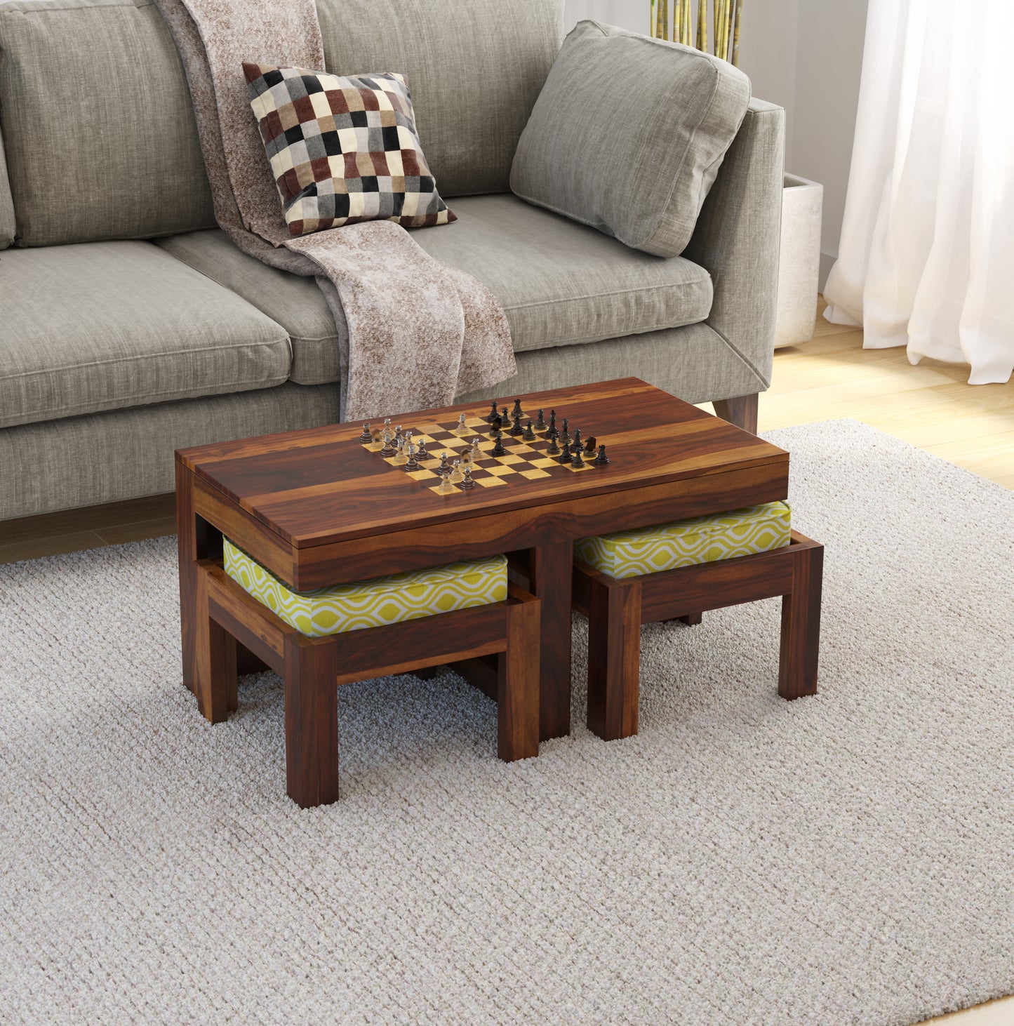 Spades Chess Coffee Table Set – Sheesham Wood with 2 Stools