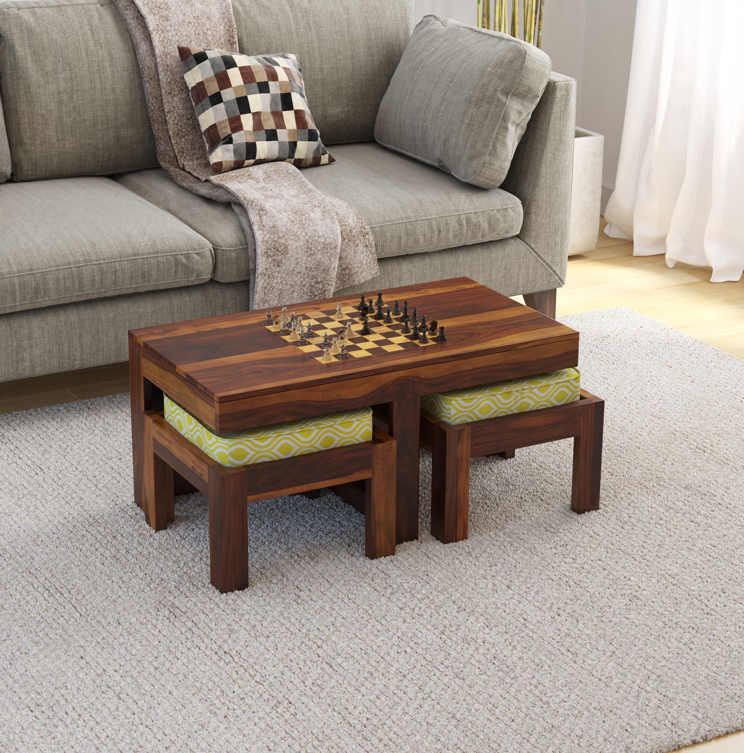 Spades Chess Coffee Table Set – Sheesham Wood with 2 Stools