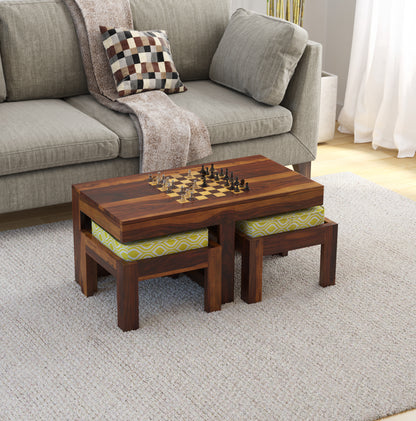 Spades Chess Coffee Table Set – Sheesham Wood with 2 Stools