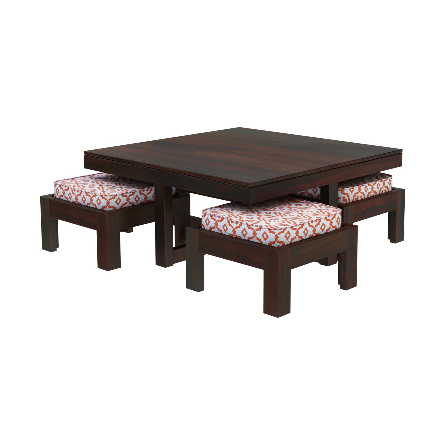Spades Sheesham Wood Coffee Table with 4 Stools – Square Design (Honey Teak &amp; Dark Teak)