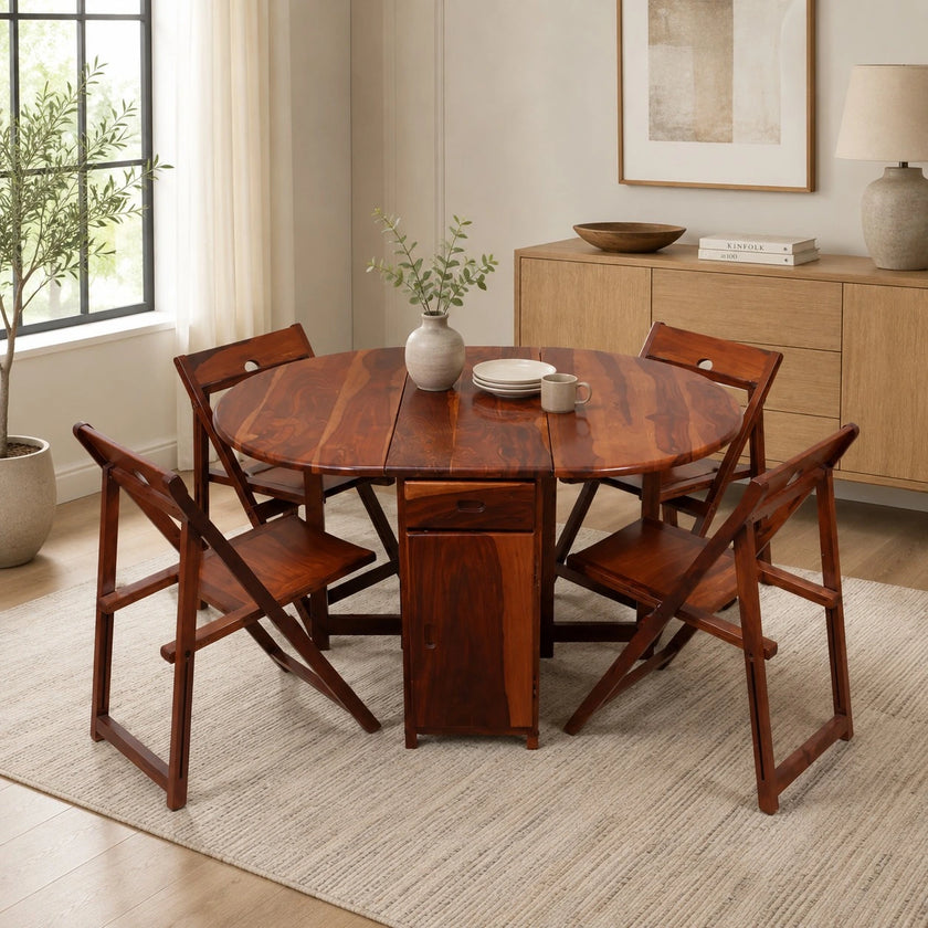 Spicy Sheesham Modern 4 Seater Foldable Dining Set with Drawers