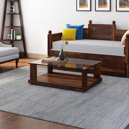 Demto Rectangular Glasstop Centre Table by Induscraft in Solid Sheesham Wood