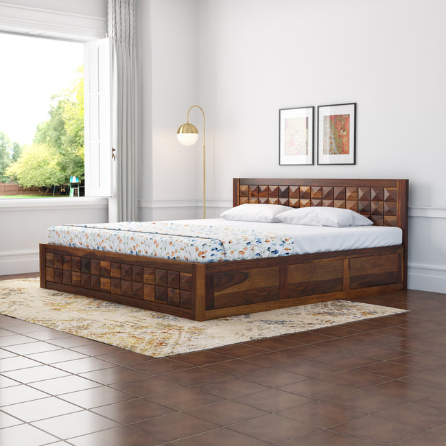 Antilla Modern Geometric Block-Patterned Sheesham Wood Bed