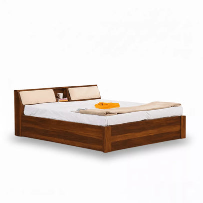 teriota solid sheesham wood bed with storage headboard dark teak finish front right angle white background