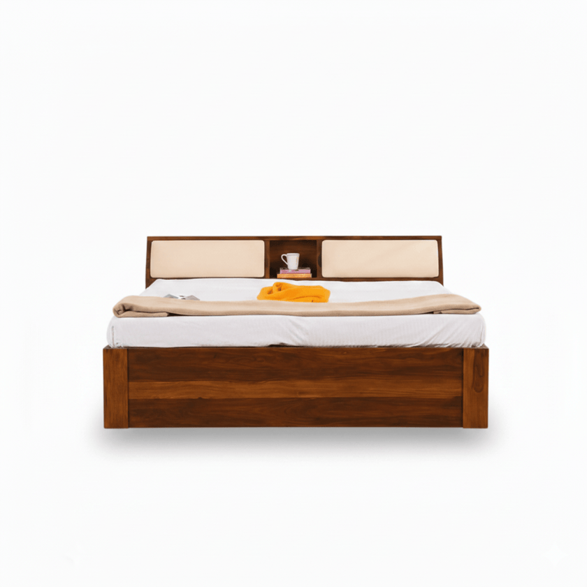 Teriota Solid Sheesham Wood Bed With Storage Headboard