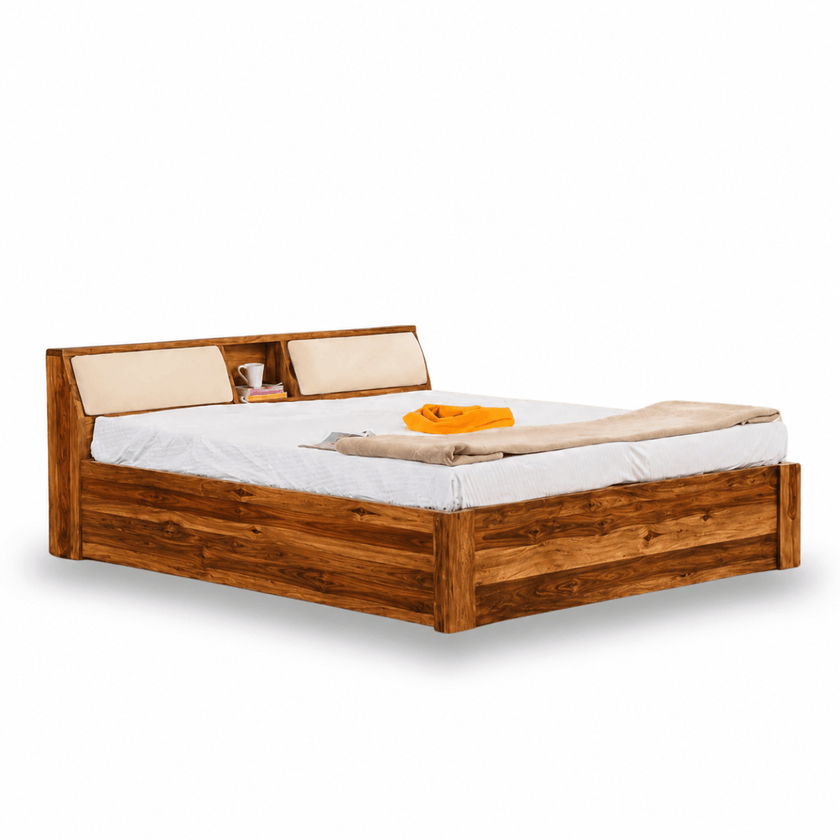 Teriota Solid Sheesham Wood Bed With Storage Headboard