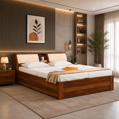 Teriota Solid Sheesham Wood Bed With Storage Headboard