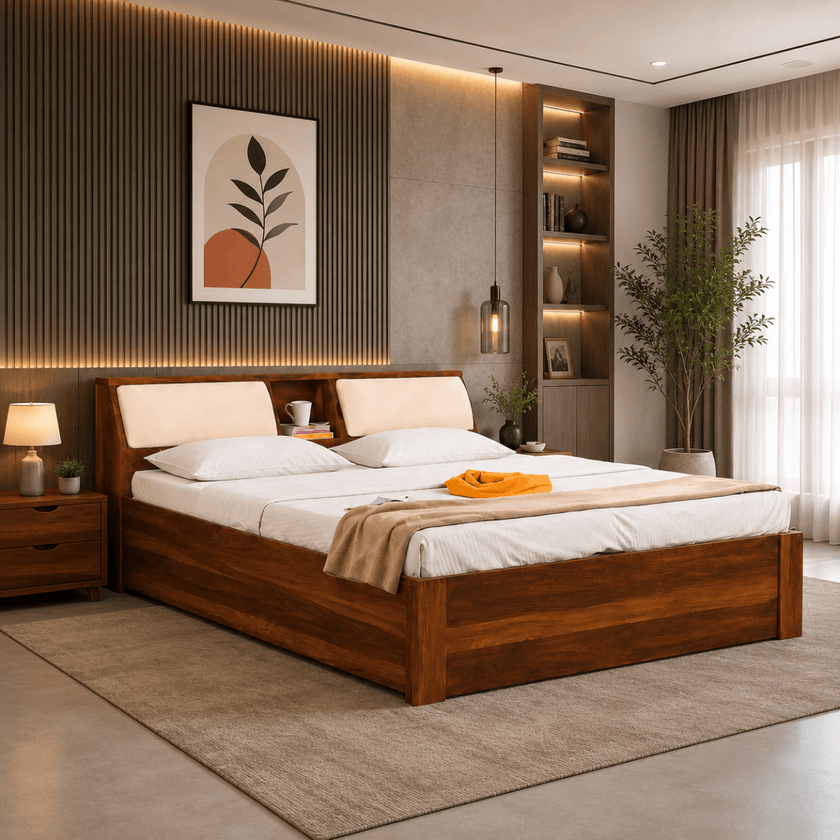 Teriota Solid Sheesham Wood Bed With Storage Headboard
