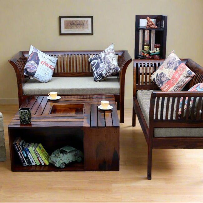 Tesseract square solid sheesham wood storage coffee table with removable tray in a living room