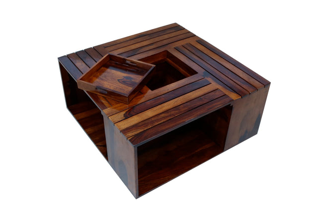Tesseract square sheesham coffee table top view with removable tray