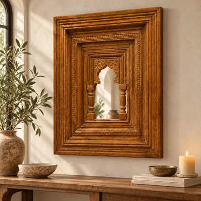 Toranya Carved Wooden Mirror Frame with Arch and Pillars