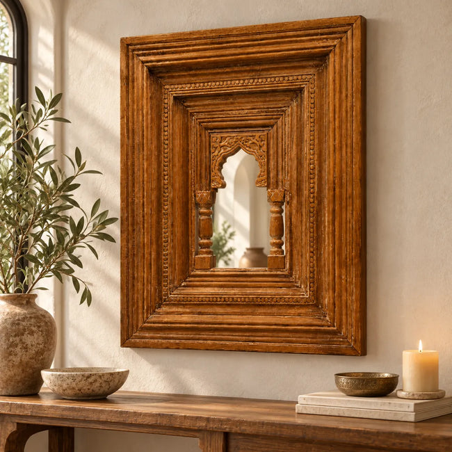 Toranya Carved Wooden Mirror Frame with Arch and Pillars