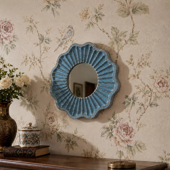 Tritya Flower Shape Decorative Wall Mirror - Distressed Blue Finish