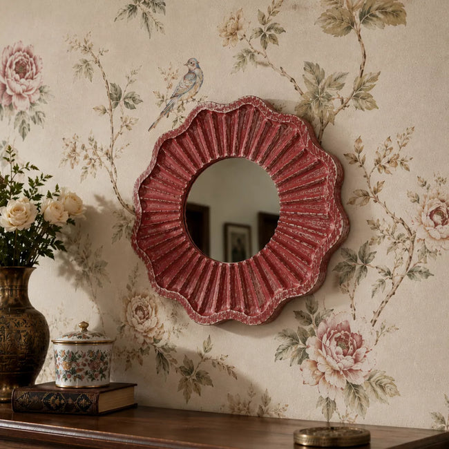 Tritya Flower Shape Decorative Wall Mirror - Distressed Red Finish