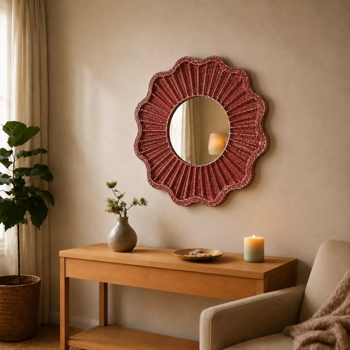 Tritya Flower Shape Decorative Wall Mirror - Distressed Red Finish