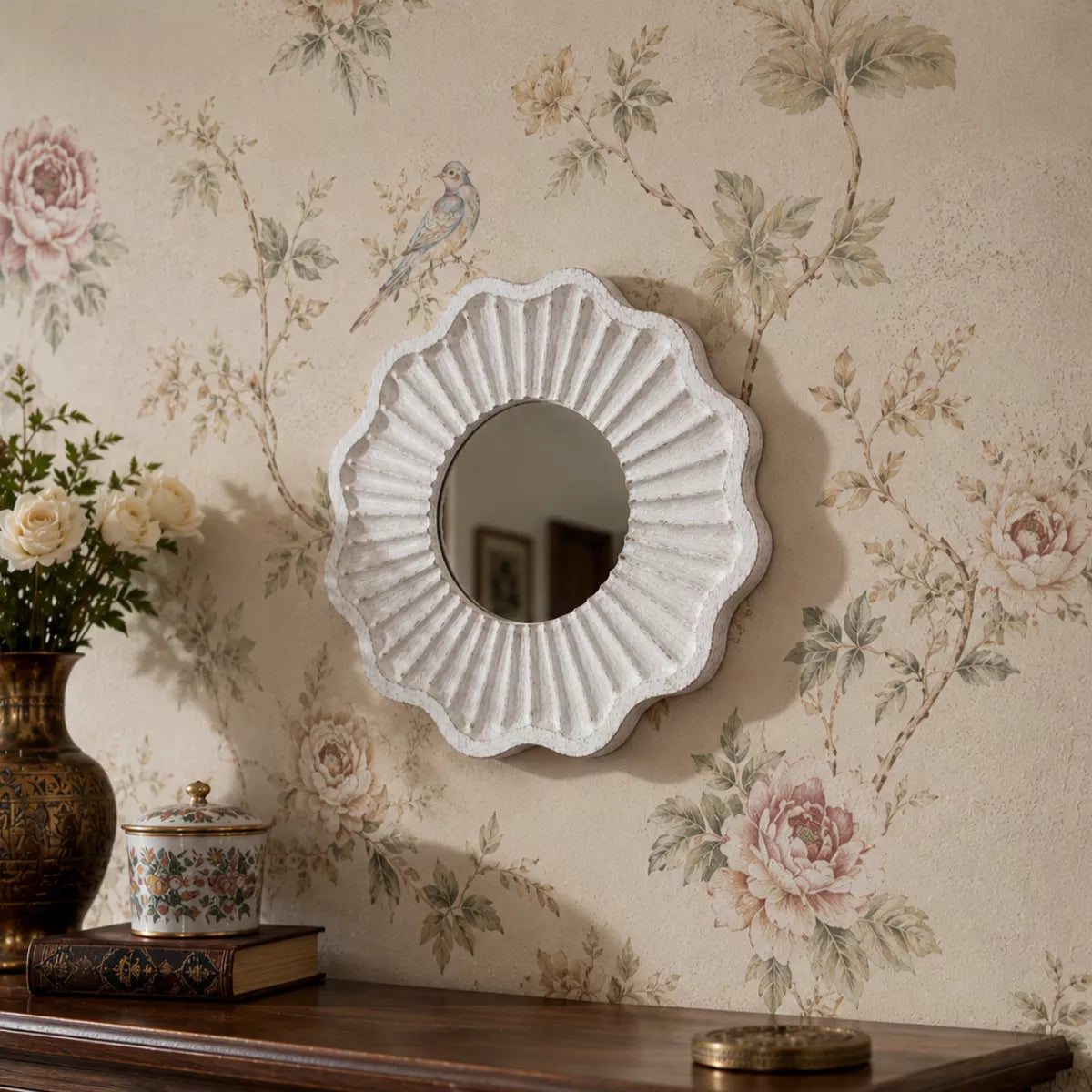 Tritya Flower Shape Decorative Wall Mirror - Distressed White Finish