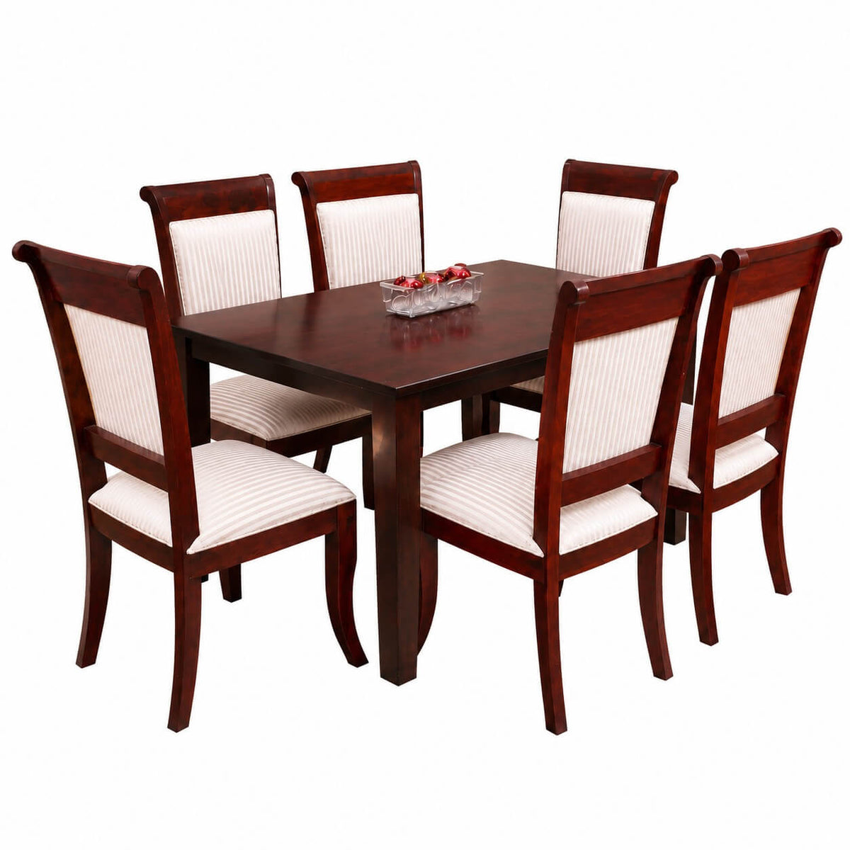 A 6-piece wooden dining set featuring a rectangular dark cherry table and four matching high-back chairs with cream ribbed fabric upholstery, shown on a white background.