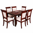 A 6-piece wooden dining set featuring a rectangular dark cherry table and four matching high-back chairs with cream ribbed fabric upholstery, shown on a white background.