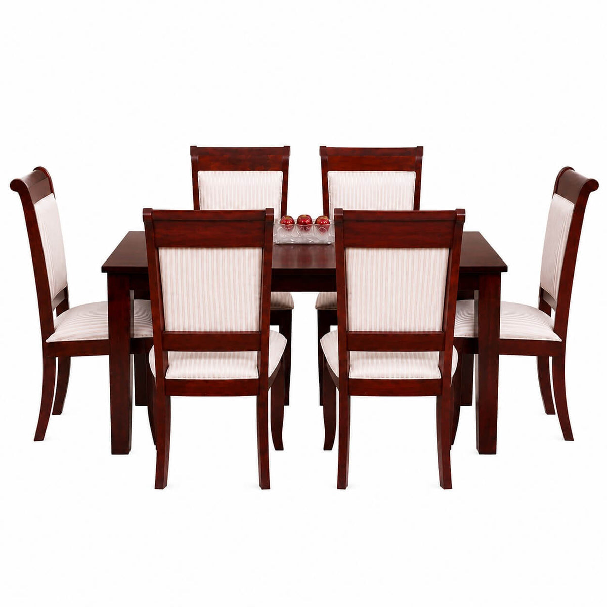 A 6-piece wooden dining set with a rectangular dark reddish-brown table and six matching chairs featuring cream ribbed fabric backs and seats, shown on a plain white background.