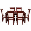 A 6-piece wooden dining set with a rectangular dark reddish-brown table and six matching chairs featuring cream ribbed fabric backs and seats, shown on a plain white background.