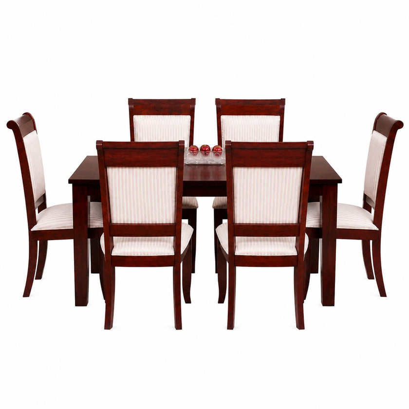 A 6-piece wooden dining set with a rectangular dark reddish-brown table and six matching chairs featuring cream ribbed fabric backs and seats, shown on a plain white background.
