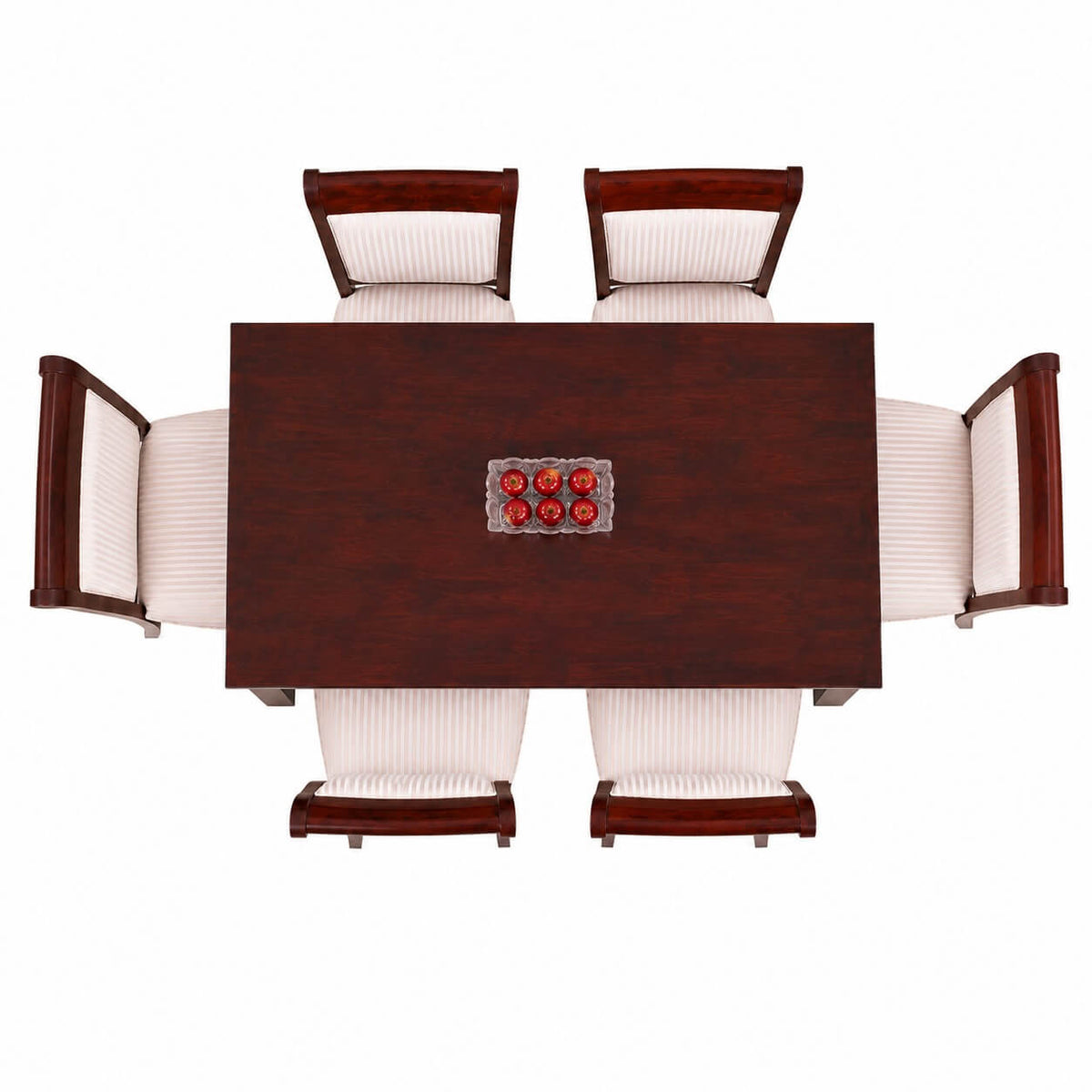A top-down view of a dark reddish-brown wooden dining table with six matching chairs featuring cream ribbed upholstery, centered on a plain white background.