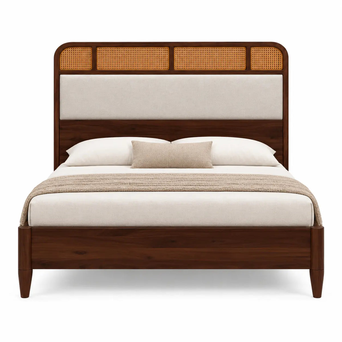 Vetrava Solid Wood Bed with Cane and Upholstered Headboard
