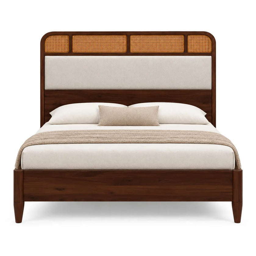 Vetrava Solid Wood Bed with Cane and Upholstered Headboard
