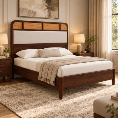Vetrava Solid Wood Bed with Cane and Upholstered Headboard