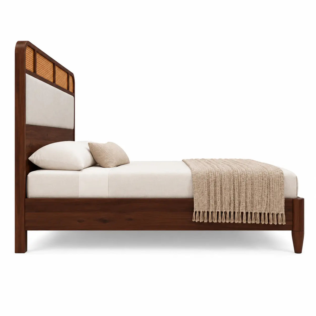 Vetrava Solid Wood Bed with Cane and Upholstered Headboard