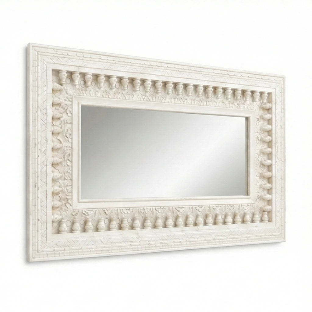Additional angled view of the Vintage White Wooden Wall Mirror