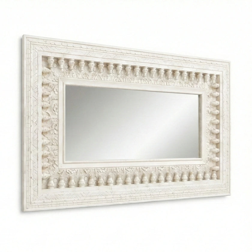 Additional angled view of the Vintage White Wooden Wall Mirror