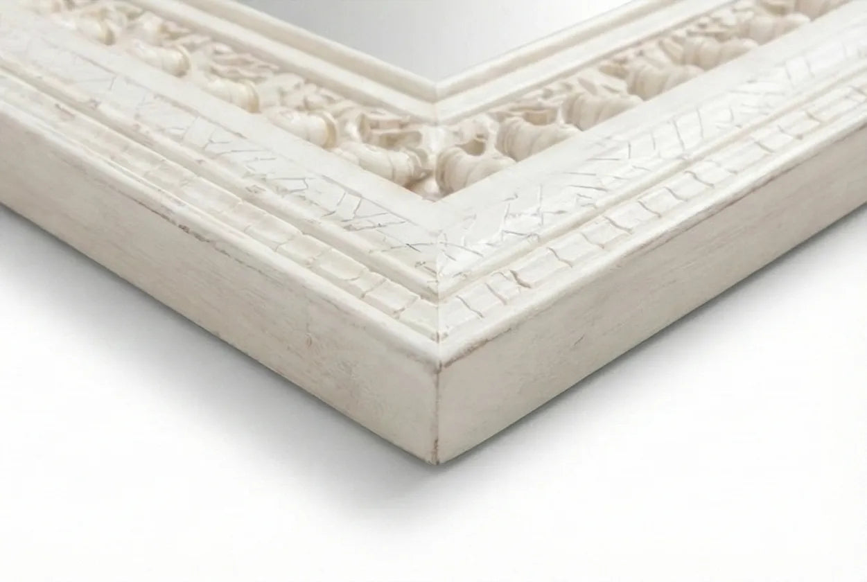 Close-up of the hand-carved detailing on the Vintage White Wooden Wall Mirror frame