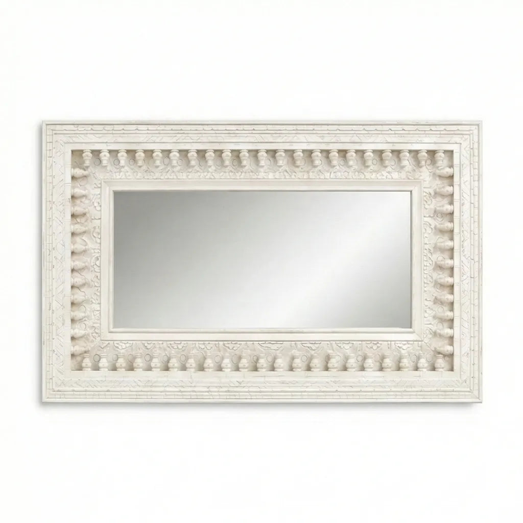 Front view of the Vintage White Wooden Wall Mirror with hand-carved distressed frame