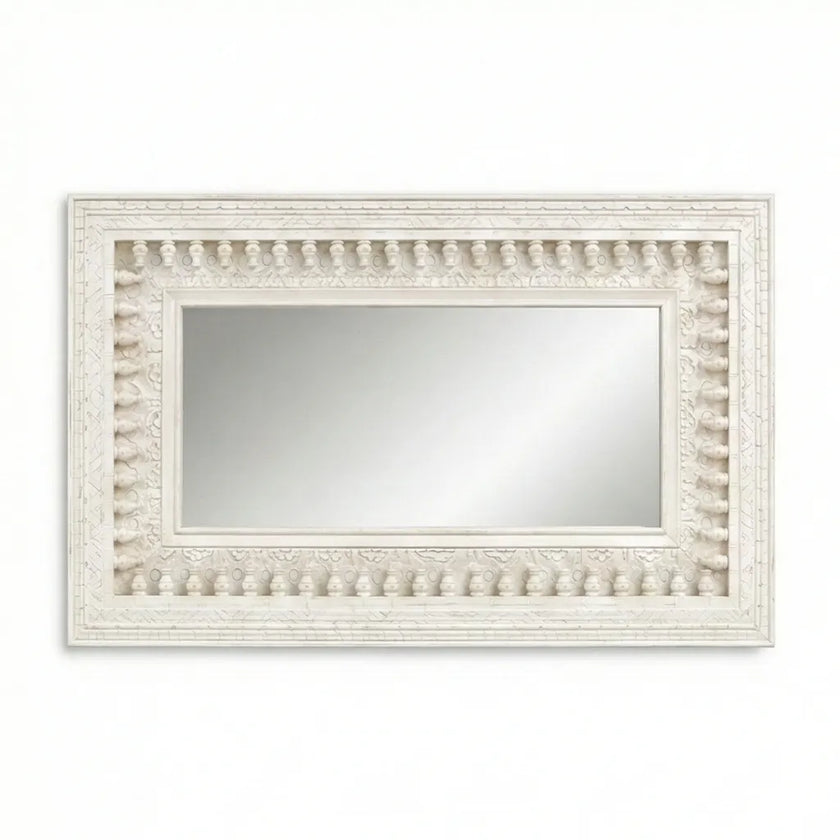 Front view of the Vintage White Wooden Wall Mirror with hand-carved distressed frame