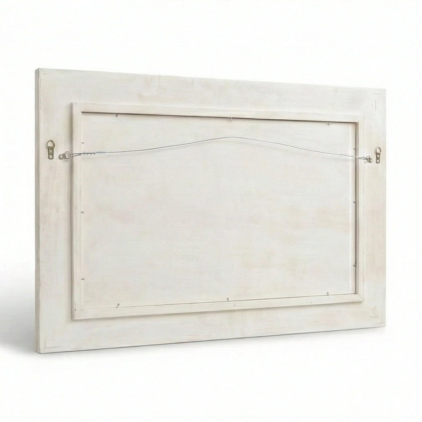 Back view of the Vintage White Wooden Wall Mirror with hand-carved distressed frame