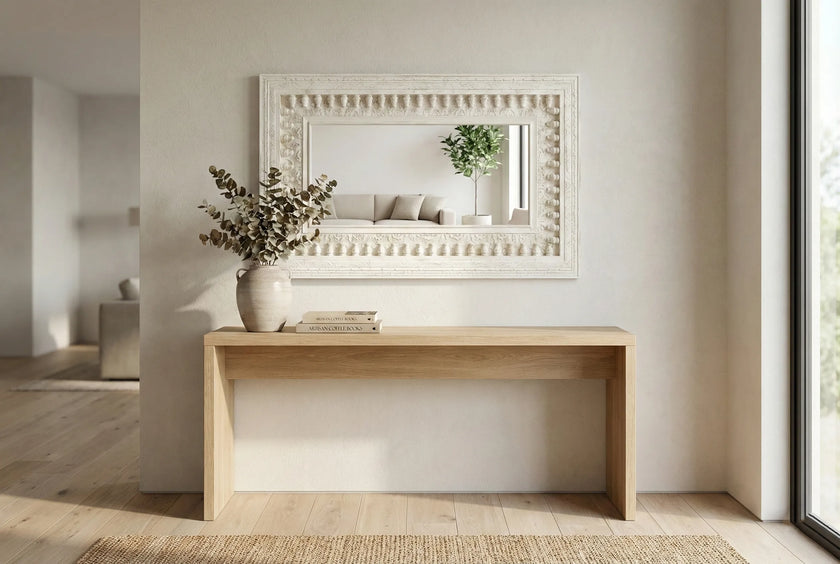 Another full view of the Vintage White Wooden Wall Mirror