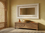Additional angled view of the Vintage White Wooden Wall Mirror with hand-carved distressed frame
