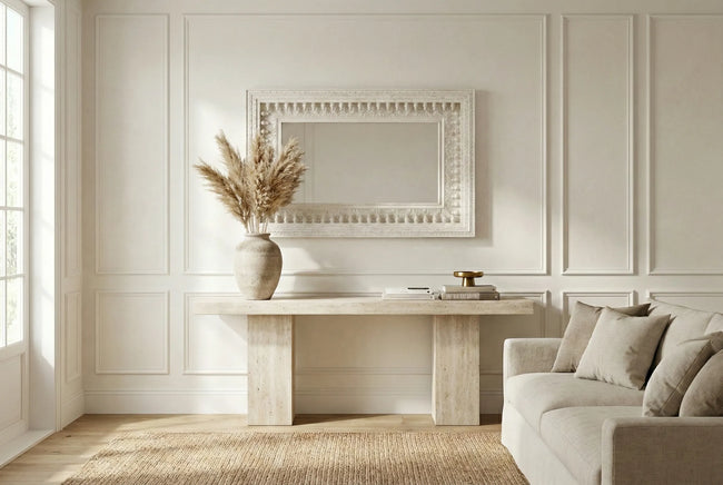 Full view of the Vintage White Wooden Wall Mirror