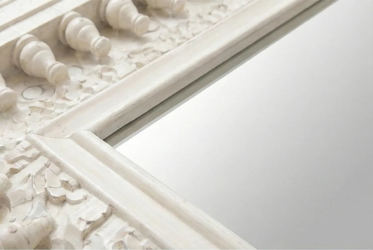 Additional Close-up of the sculpted spindle-style accents on the Vintage White Wooden Wall Mirror