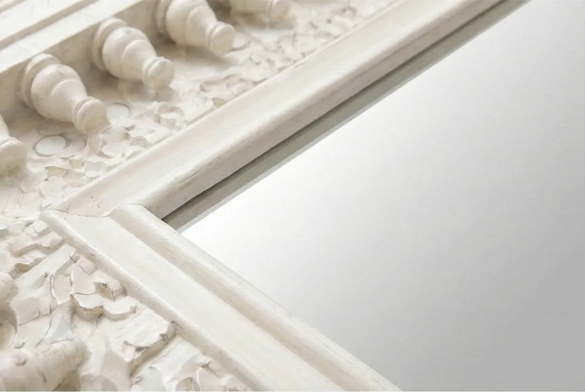 Additional Close-up of the sculpted spindle-style accents on the Vintage White Wooden Wall Mirror