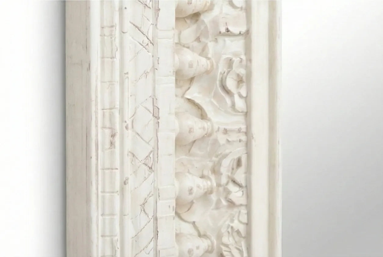 Another Close-up of the sculpted spindle-style accents on the Vintage White Wooden Wall Mirror