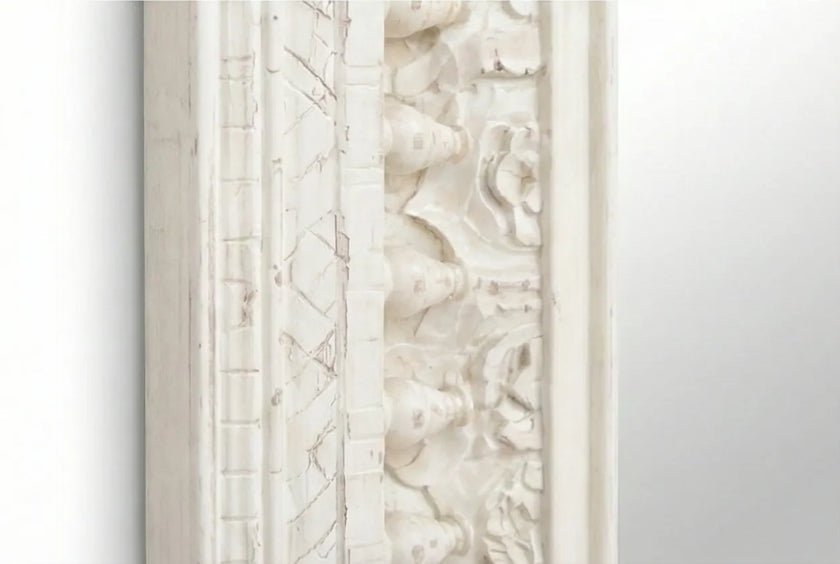 Another Close-up of the sculpted spindle-style accents on the Vintage White Wooden Wall Mirror