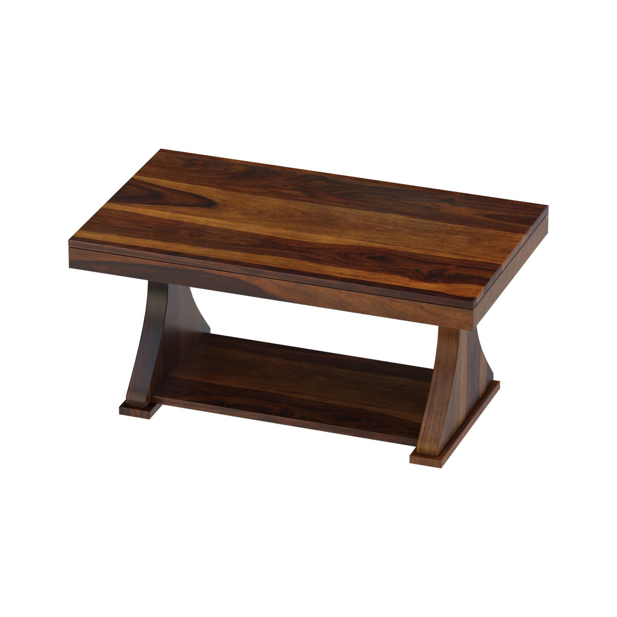 Yeshua sheesham wood coffee table angled view with lower shelf